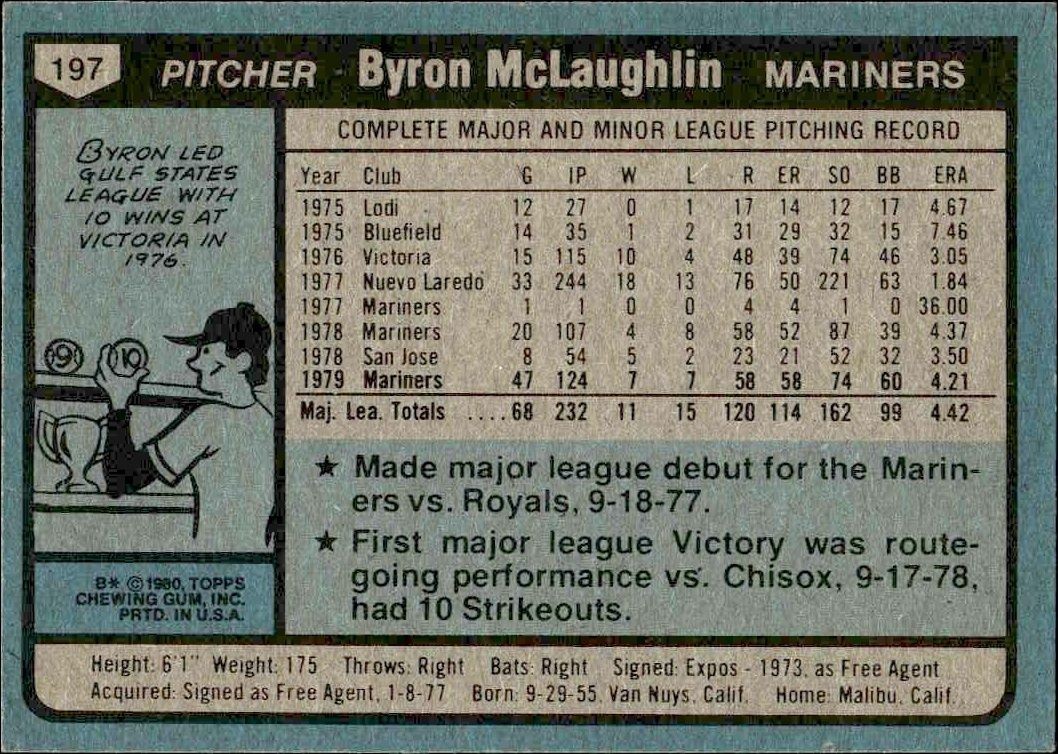 1980 Topps Byron McLaughlin #197 baseball trading card back