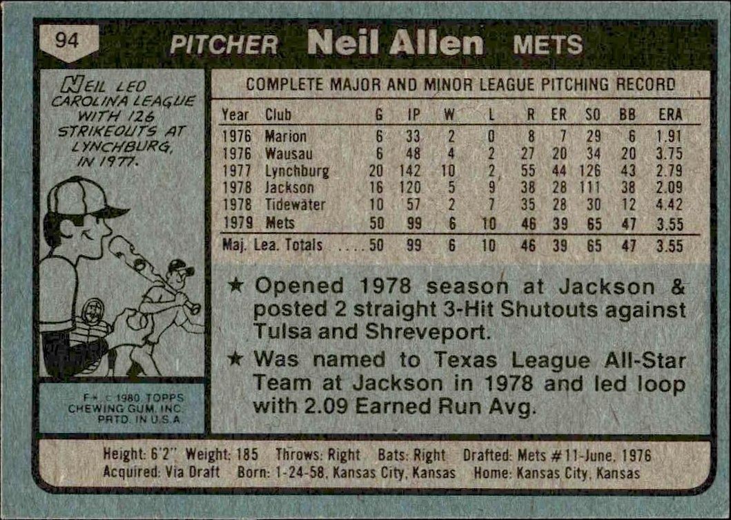1980 Topps Neil Allen #94 baseball trading card back