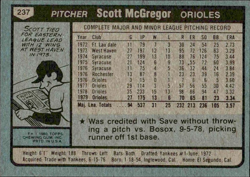 1980 Topps Scott McGregor #237 baseball trading card back