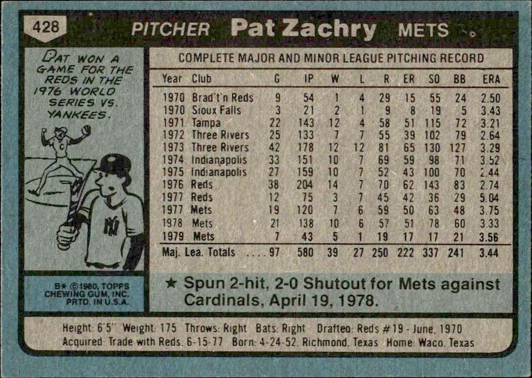 1980 Topps Pat Zachry #428 baseball trading card back