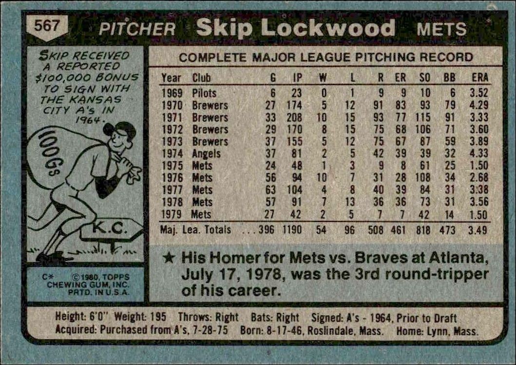 1980 Topps Skip Lockwood #567 baseball trading card back