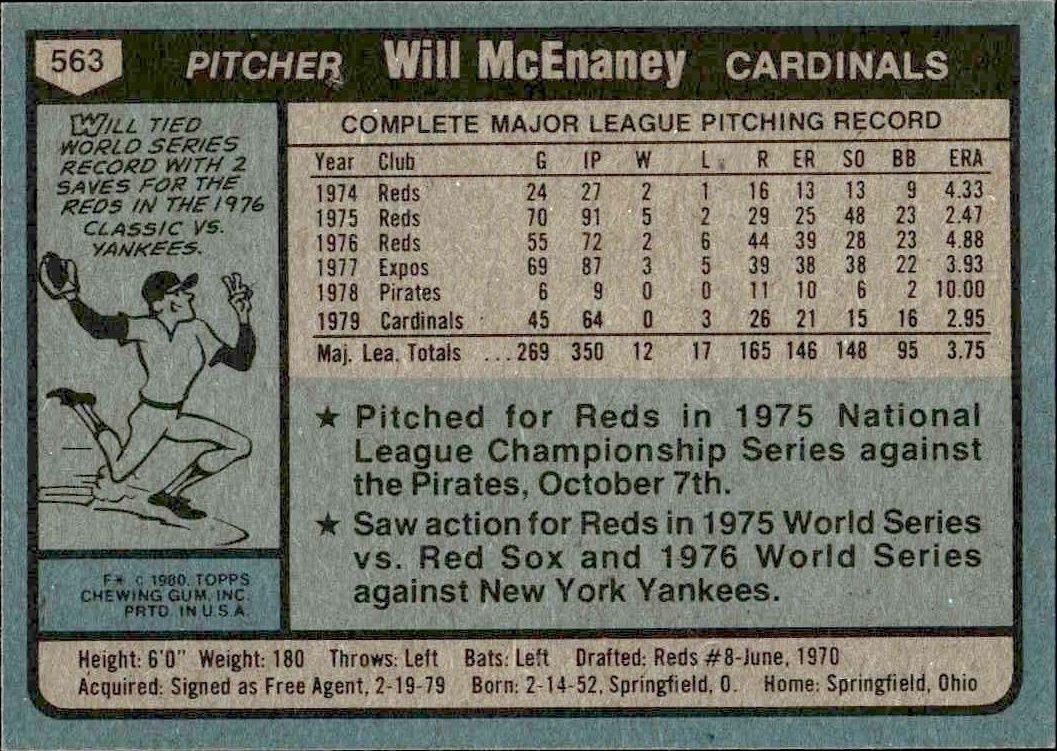 1980 Topps Will McEnaney #563 baseball trading card back