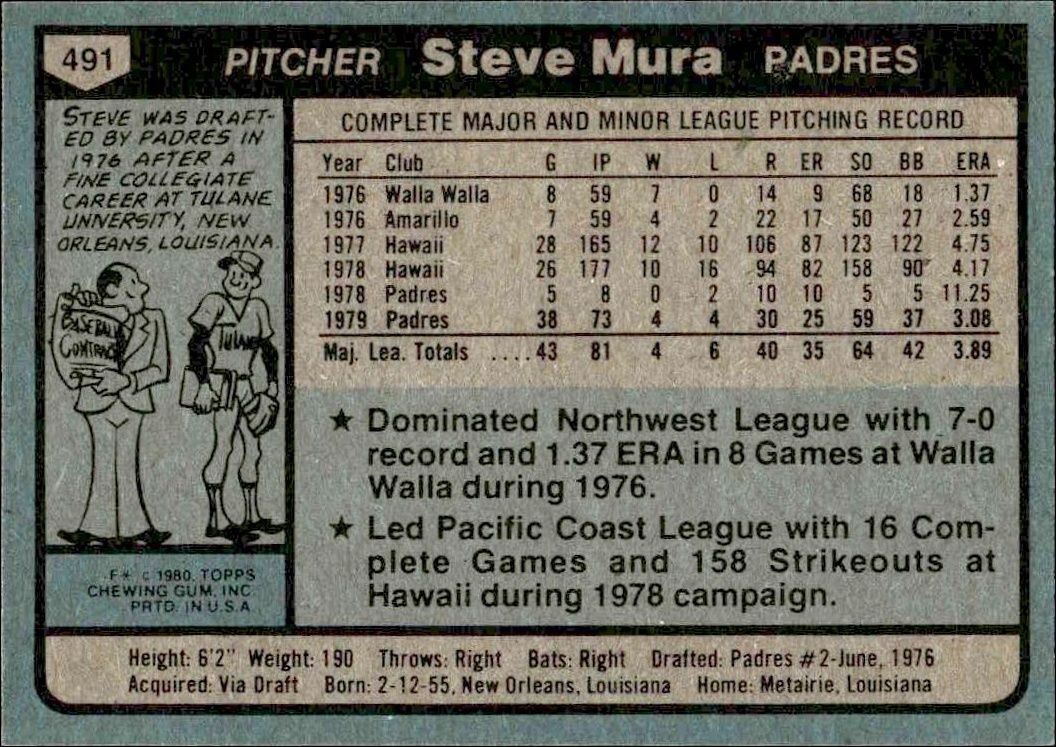 1980 Topps Steve Mura #491 baseball trading card back