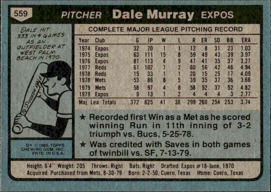 1980 Topps Dale Murray #559 baseball trading card back