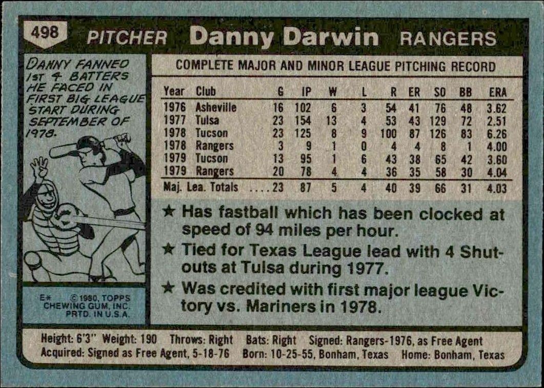 1980 Topps Danny Darwin #498 baseball trading card back