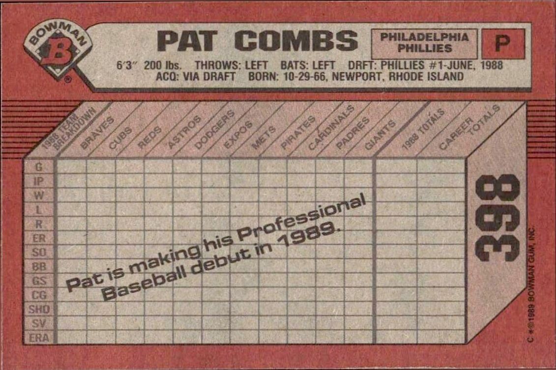 1989 Bowman Pat Combs #398 baseball trading card back