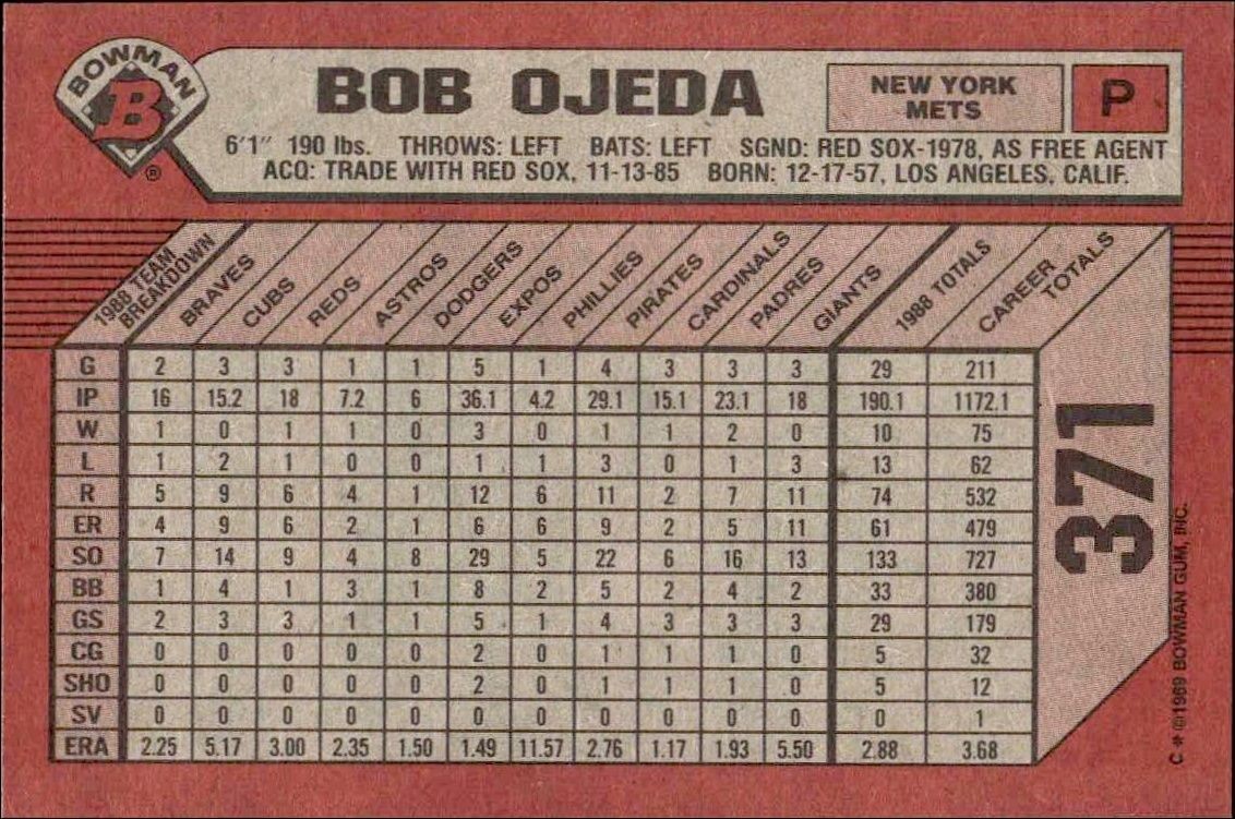 1989 Bowman Bob Ojeda #371 baseball trading card back