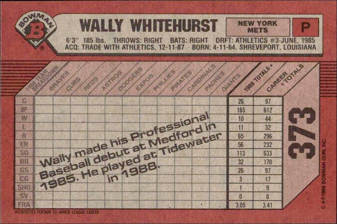 1989 Bowman Wally Whitehurst #373 baseball trading card back