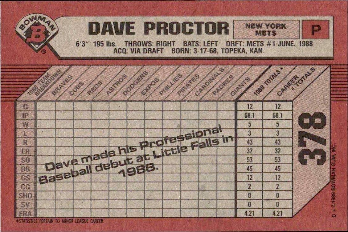 1989 Bowman Dave Proctor #378 baseball trading card back