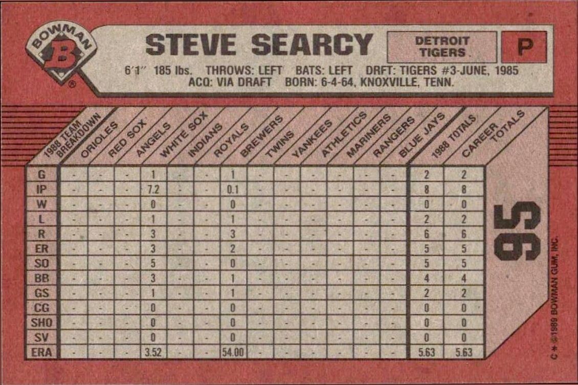1989 Bowman Steve Searcy #95 baseball trading card back