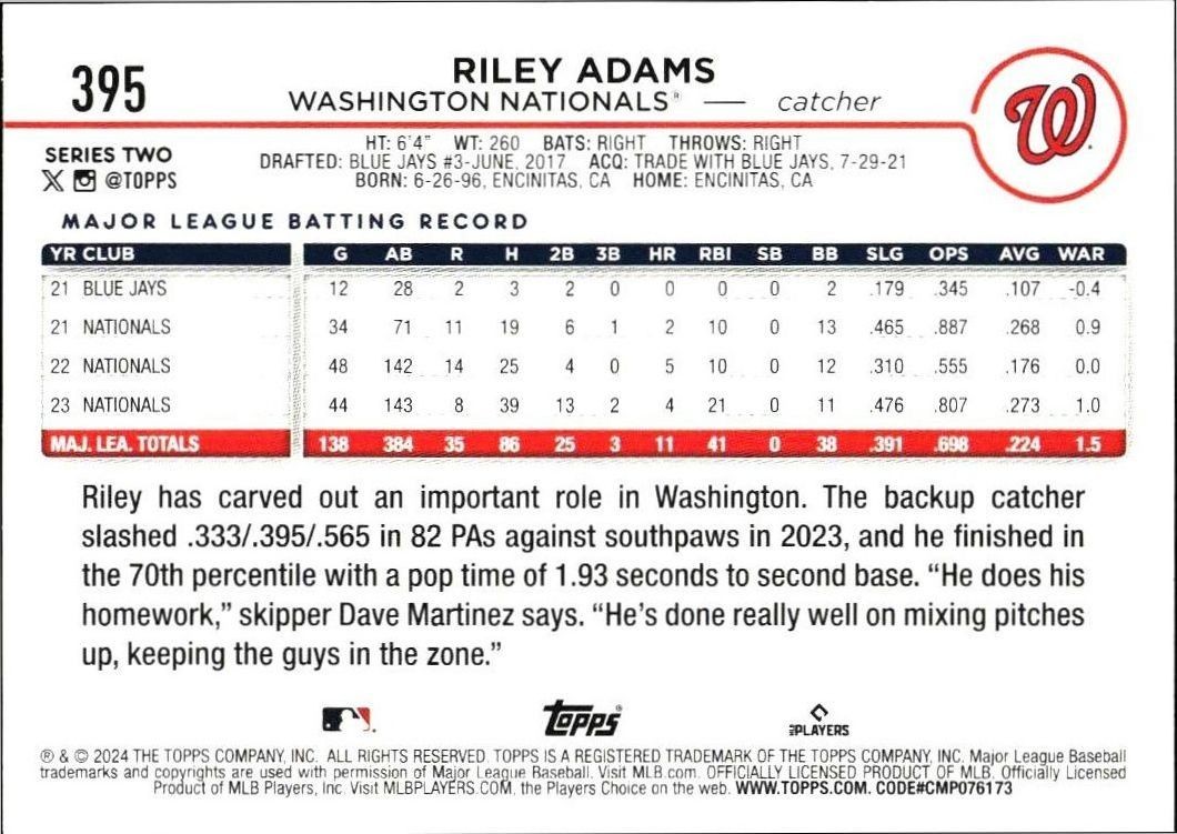 2024 Topps Series 2 Riley Adams #395 baseball trading card back