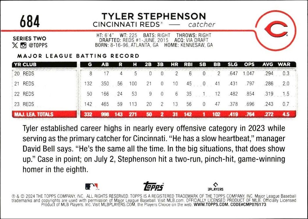 2024 Topps Series 2 Tyler Stephenson #684 baseball trading card back