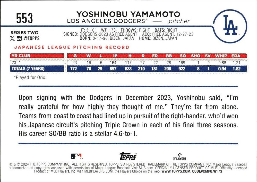 2024 Topps Series 2 Yoshinobu Yamamoto #553 baseball trading card back