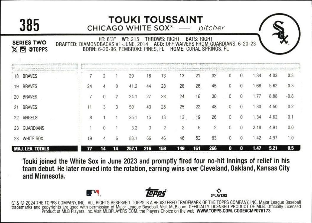 2024 Topps Series 2 Touki Toussaint #385 baseball trading card back