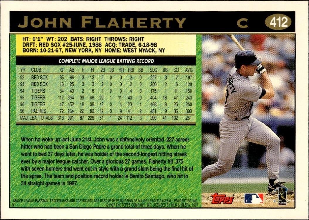 1997 Topps Series 2 John Flaherty #412 baseball trading card back