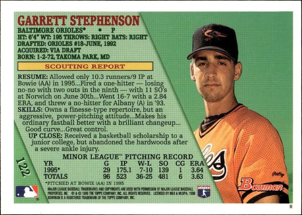 1996 Bowman Garrett Stephenson #122 baseball trading card back