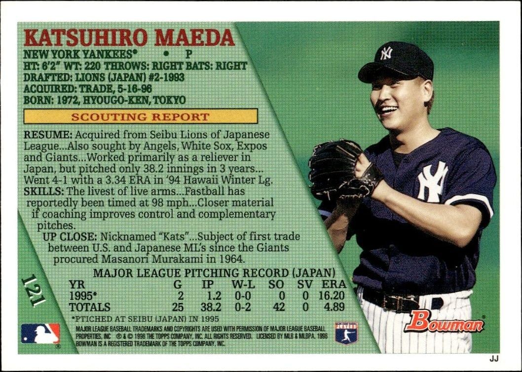 1996 Bowman Katsuhiro Maeda #121 baseball trading card back