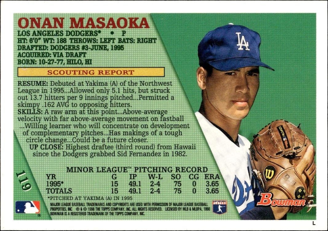 1996 Bowman Onan Masaoka #119 baseball trading card back