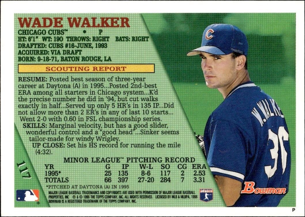 1996 Bowman Wade Walker #117 baseball trading card back