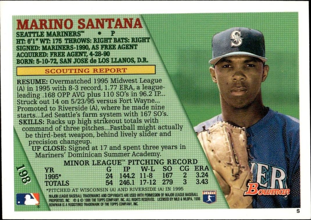 1996 Bowman Marino Santana #198 baseball trading card back