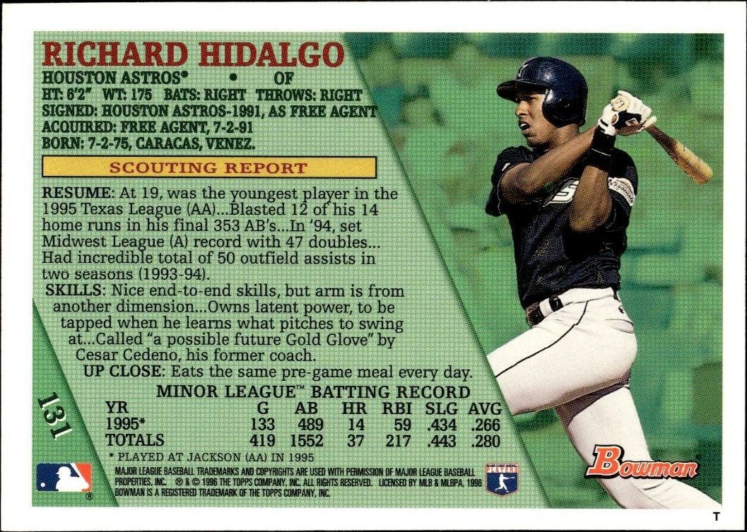 1996 Bowman Richard Hidalgo #131 baseball trading card back