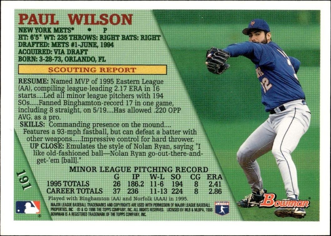 1996 Bowman Paul Wilson #191 baseball trading card back