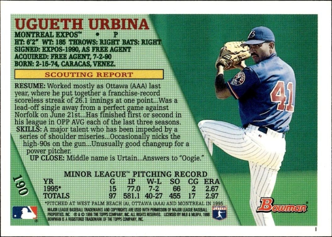 1996 Bowman Ugueth Urbina #190 baseball trading card back