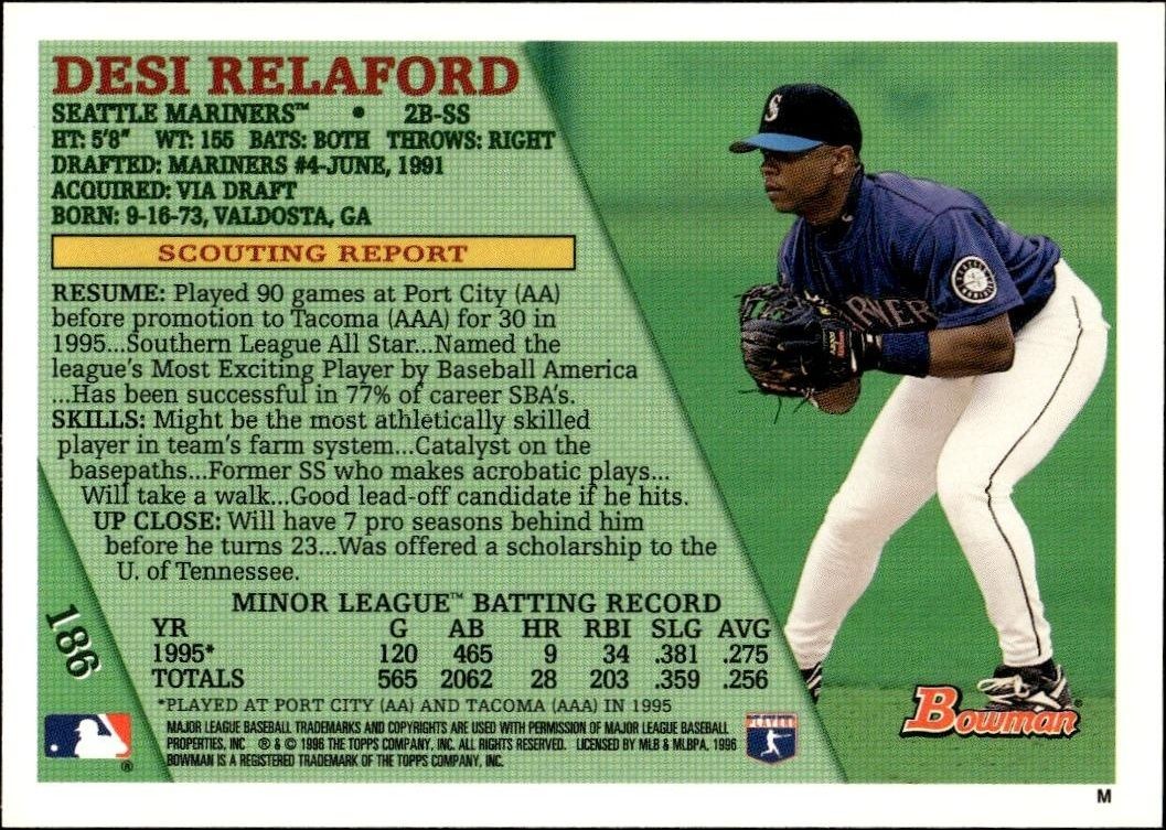 1996 Bowman Desi Relaford #186 baseball trading card back