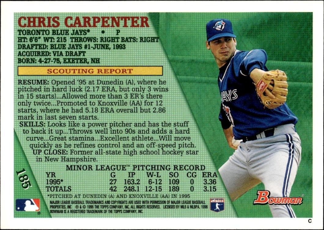 1996 Bowman Chris Carpenter #185 baseball trading card back