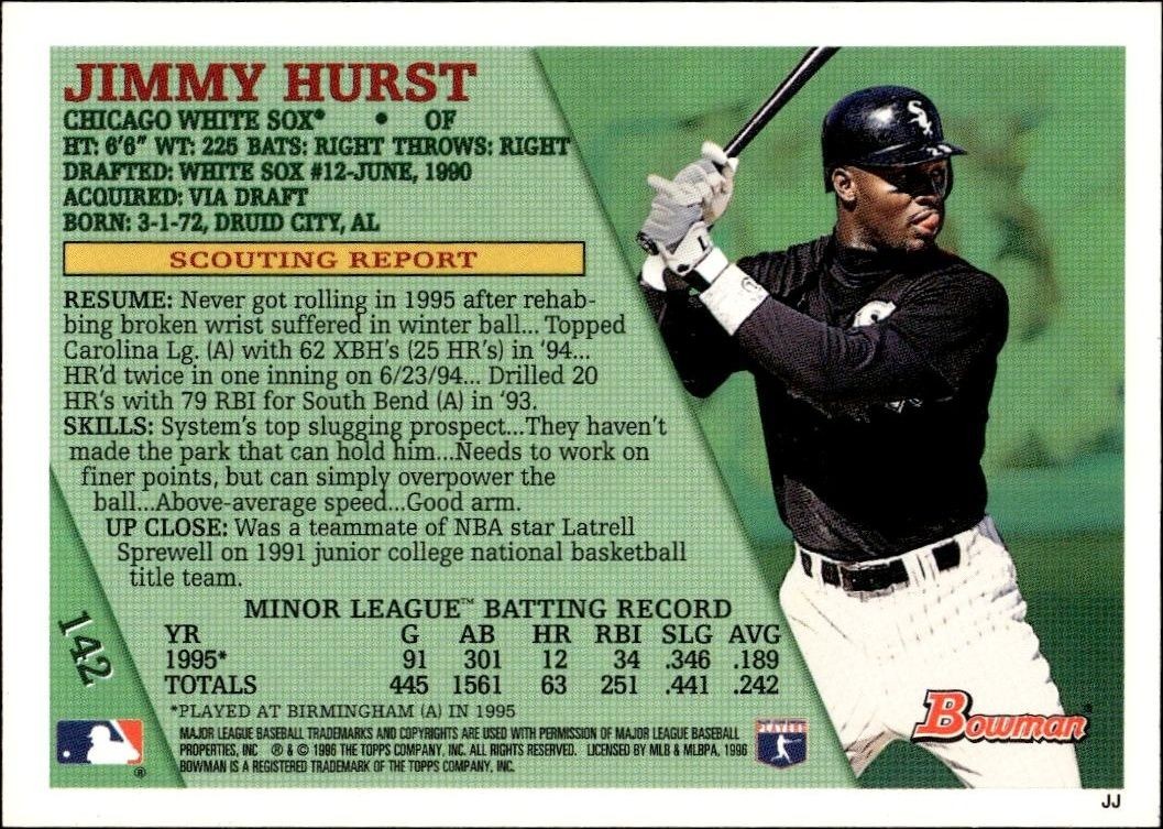 1996 Bowman Jimmy Hurst #142 baseball trading card back