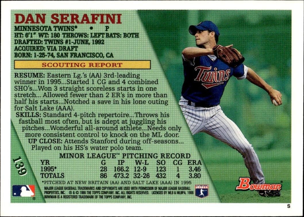 1996 Bowman Dan Serafini #139 baseball trading card back