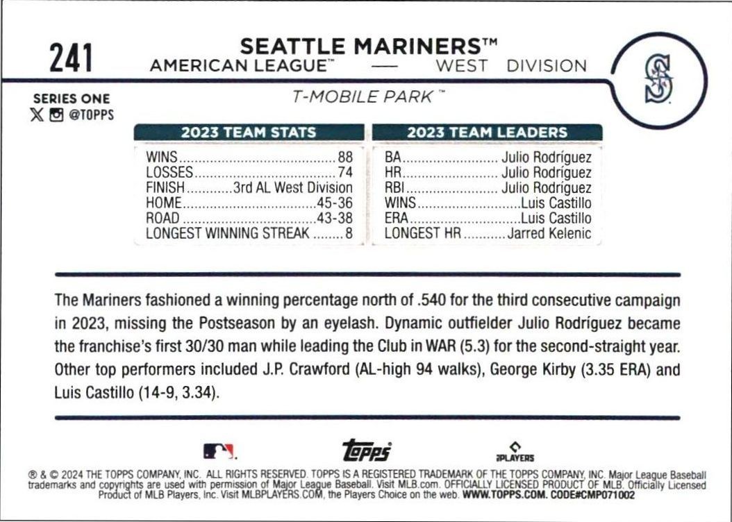 2024 Topps Seattle Mariners #241 baseball trading card back