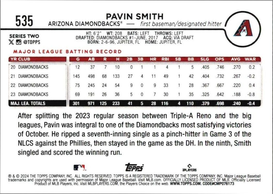 2024 Topps Series 2 Pavin Smith #535 baseball trading card back
