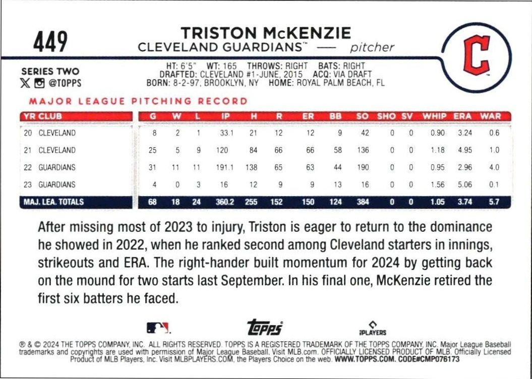 2024 Topps Series 2 Triston McKenzie #449 baseball trading card back