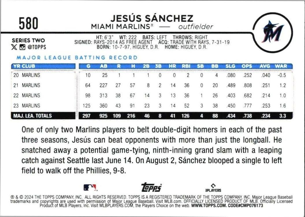 2024 Topps Series 2 Jesú Sánchez #580 baseball trading card back