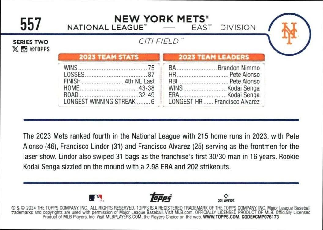 2024 Topps Series 2 New York Mets #557 baseball trading card back