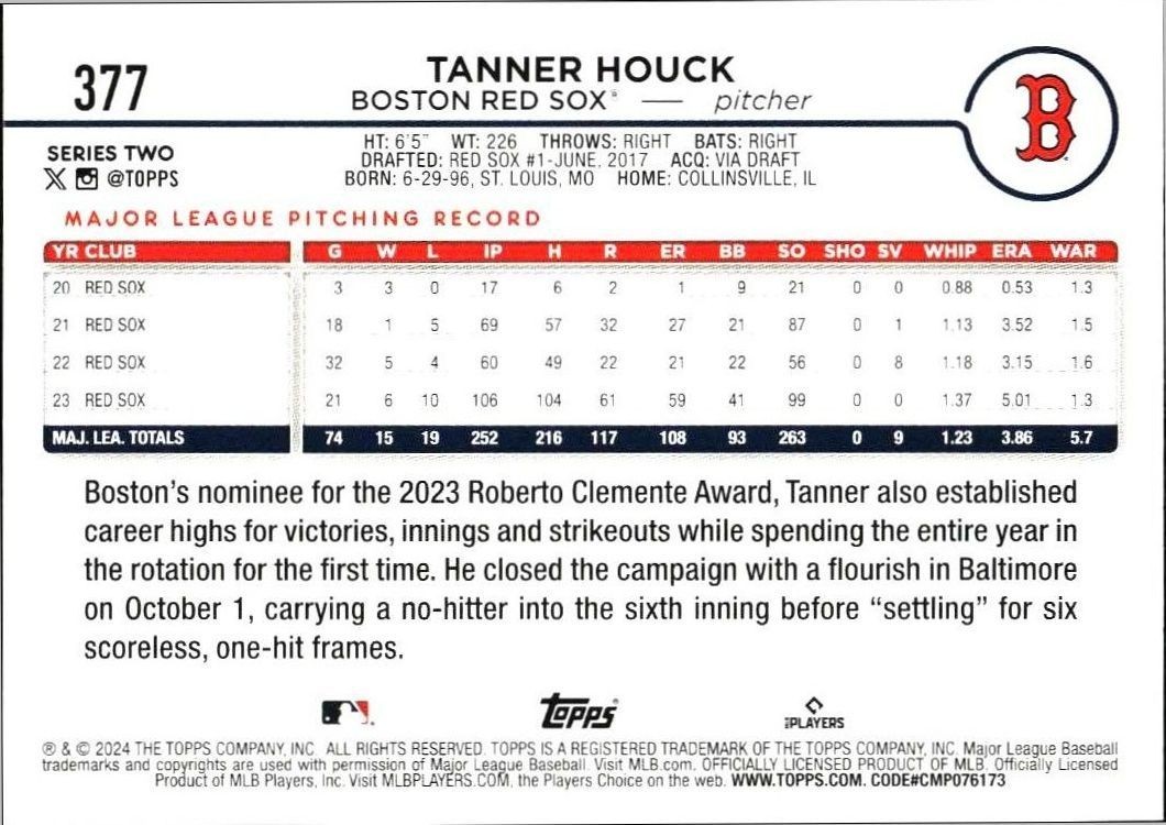 2024 Topps Series 2 Tanner Houck #377 baseball trading card back