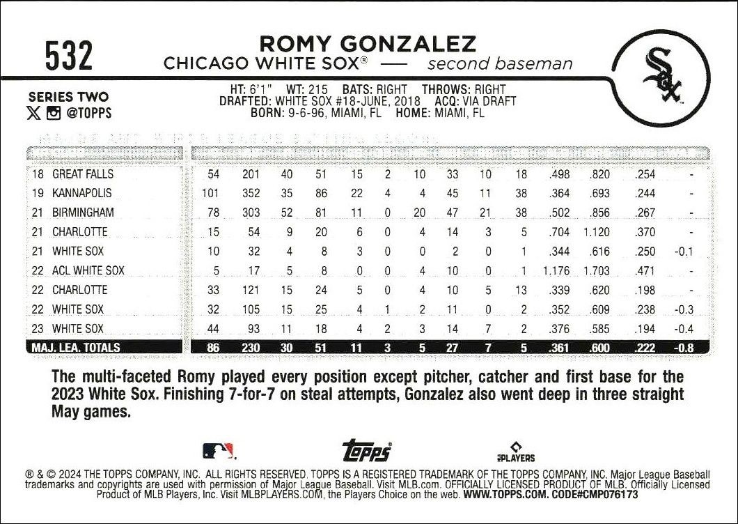 2024 Topps Series 2 Romy Gonzalez #532 baseball trading card back