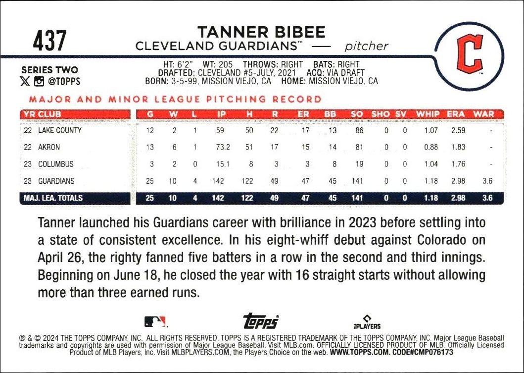 2024 Topps Series 2 Tanner Bibee #437 baseball trading card back