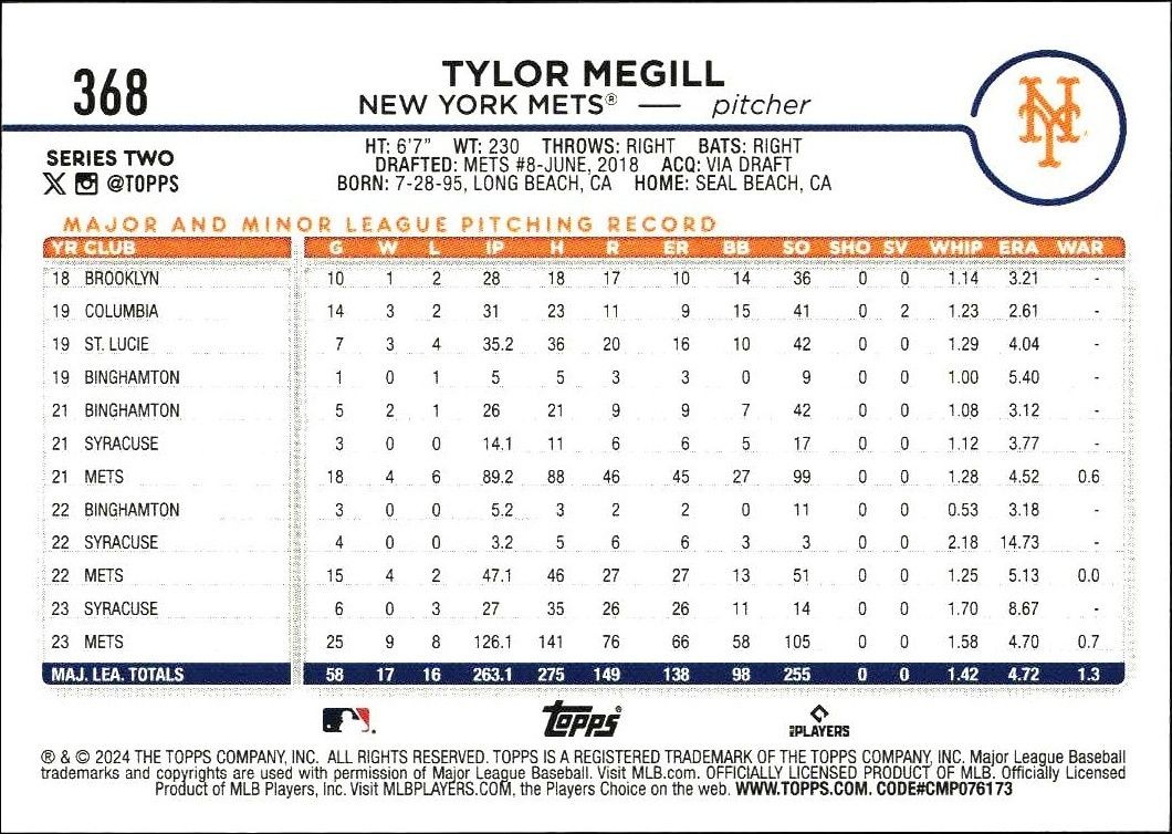 2024 Topps Series 2 Tylor Megill #368 baseball trading card back