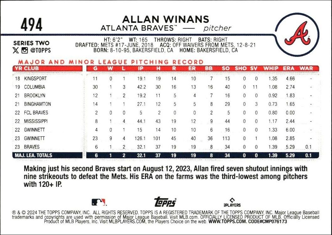 2024 Topps Series 2 Allan Winans #494 baseball trading card back