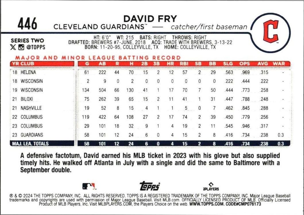 2024 Topps Series 2 David Fry #446 baseball trading card back