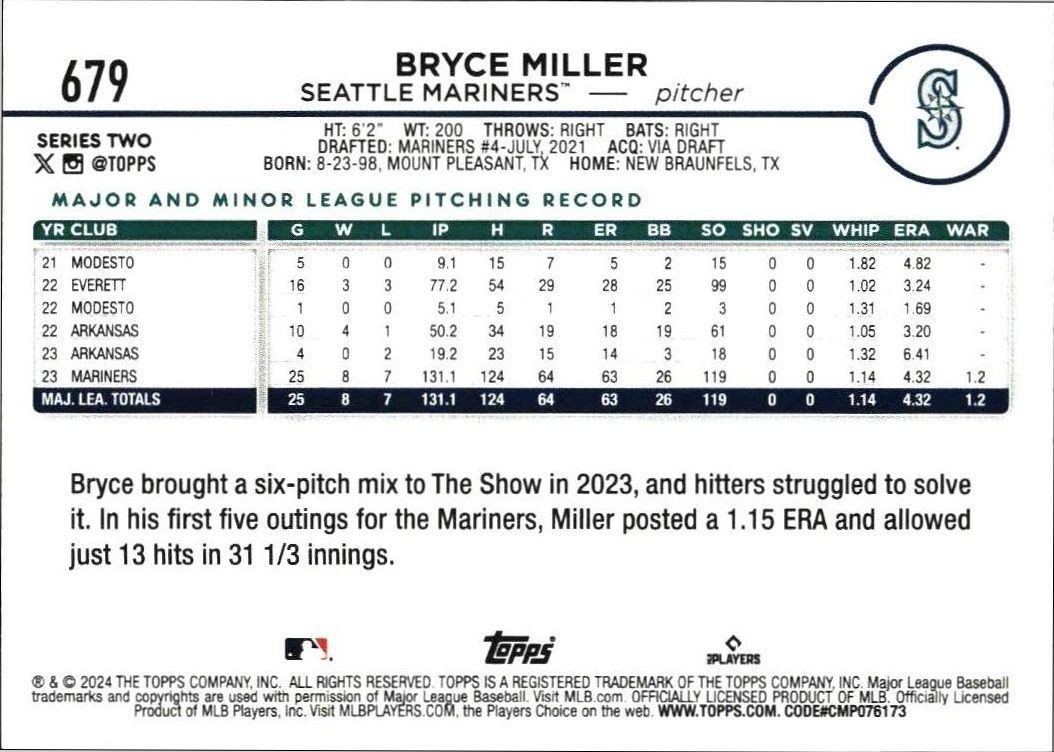 2024 Topps Series 2 Bryce Miller #679 baseball trading card back