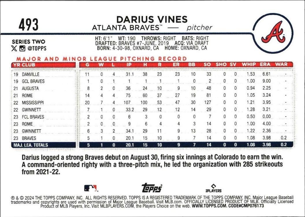 2024 Topps Series 2 Darius Vines #493 baseball trading card back