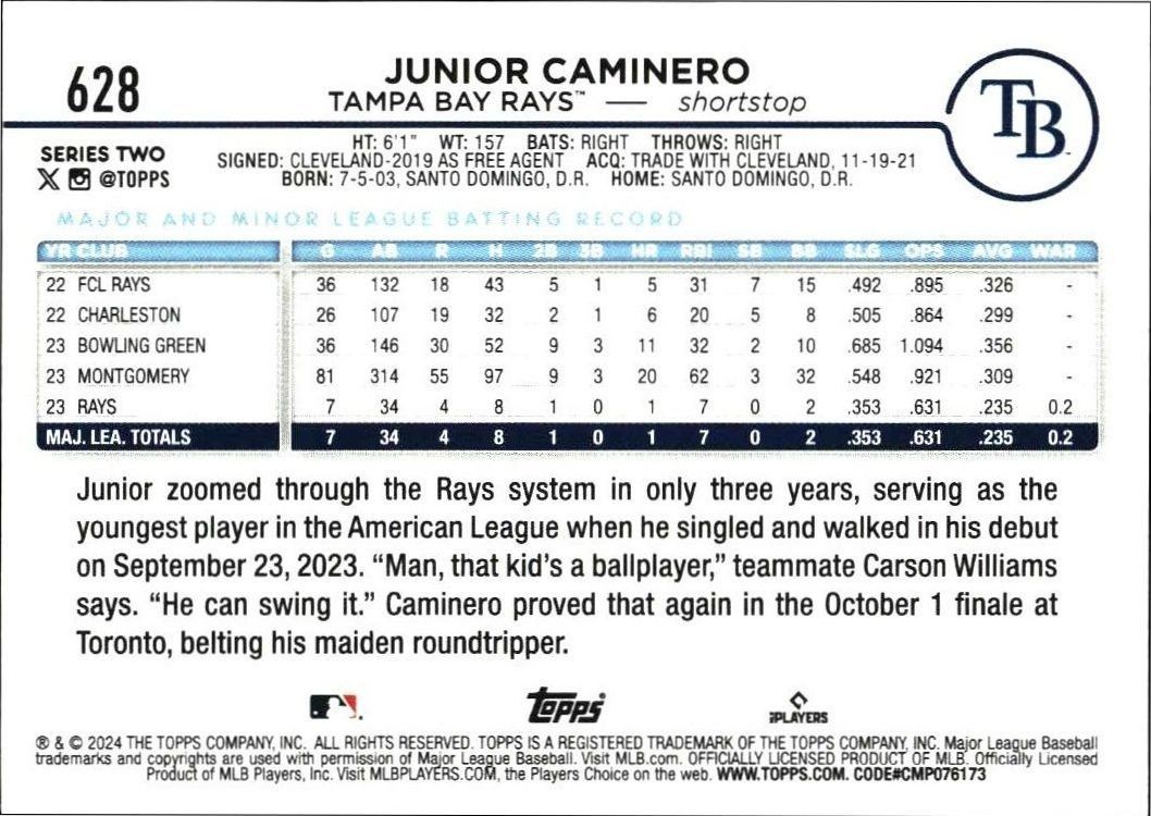 2024 Topps Series 2 Junior Caminero #628 baseball trading card back