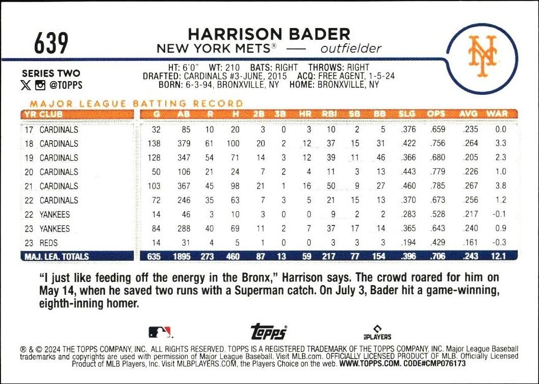2024 Topps Series 2 Harrison Bader #639 baseball trading card back