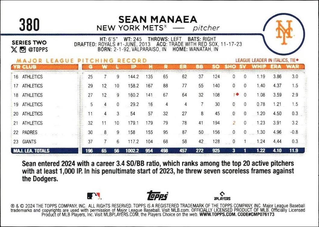 2024 Topps Series 2 Sean Manaea #380 baseball trading card back