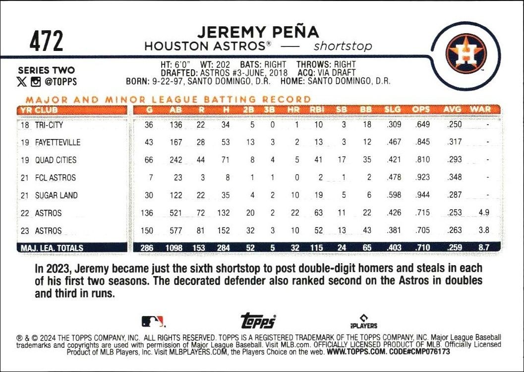 2024 Topps Series 2 Jeremy Pena #472 baseball trading card back