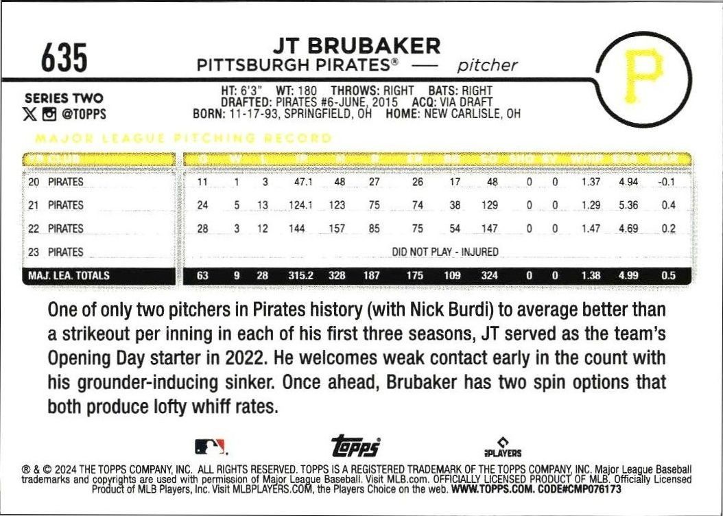 2024 Topps Series 2 JT Brubaker #635 baseball trading card back