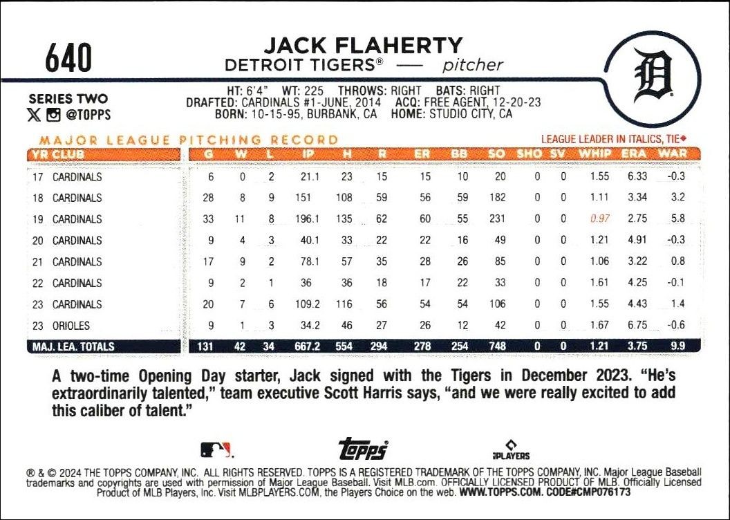 2024 Topps Series 2 Jack Flaherty #640 baseball trading card back
